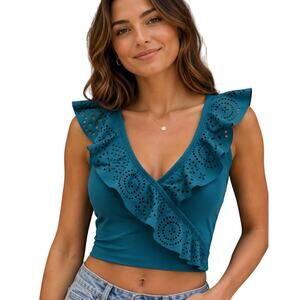 NWOT coral reef teal tankini eyelet trim sz M modest beach frill girly #